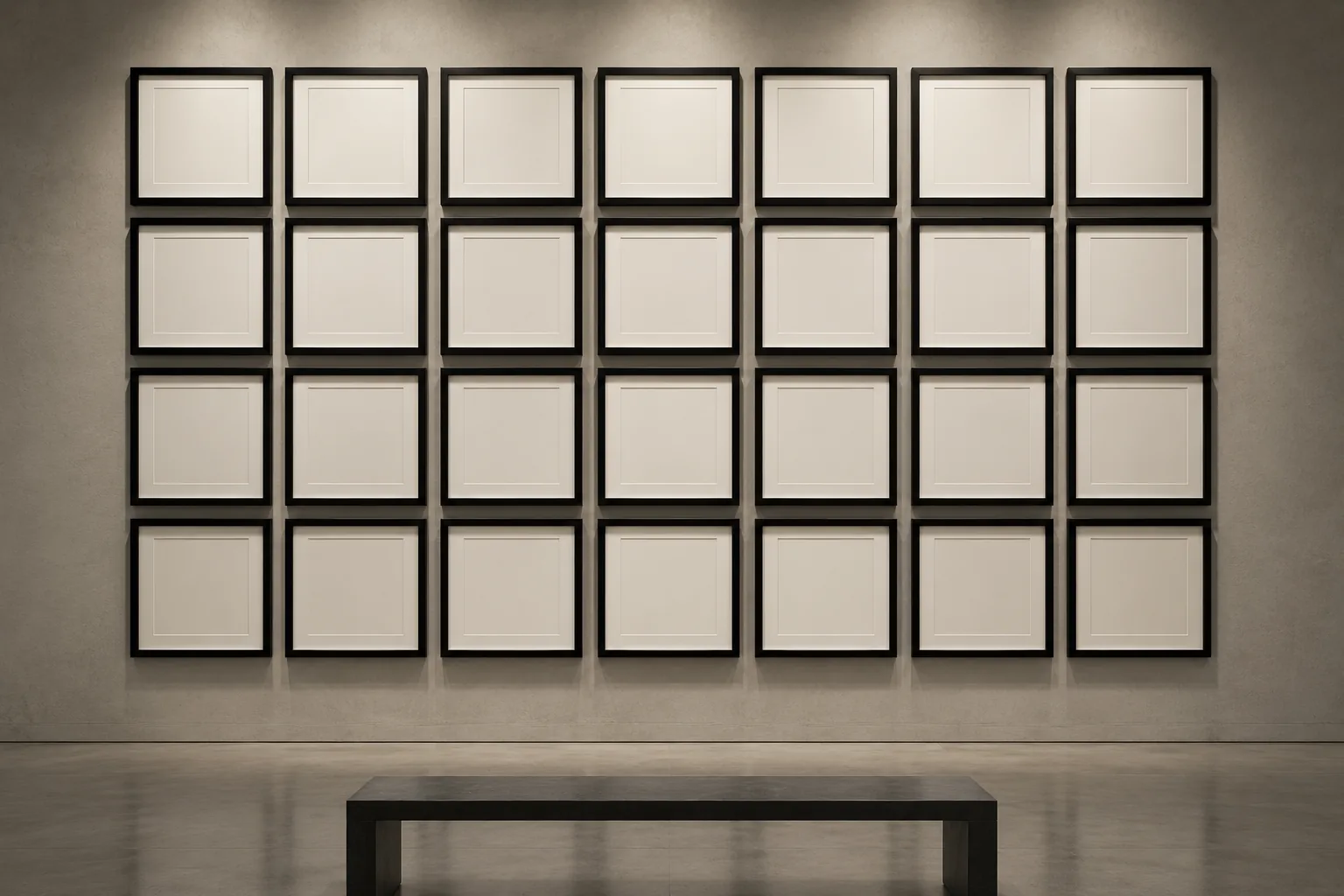 Gallery wall arranged as a disciplined grid of empty frames.