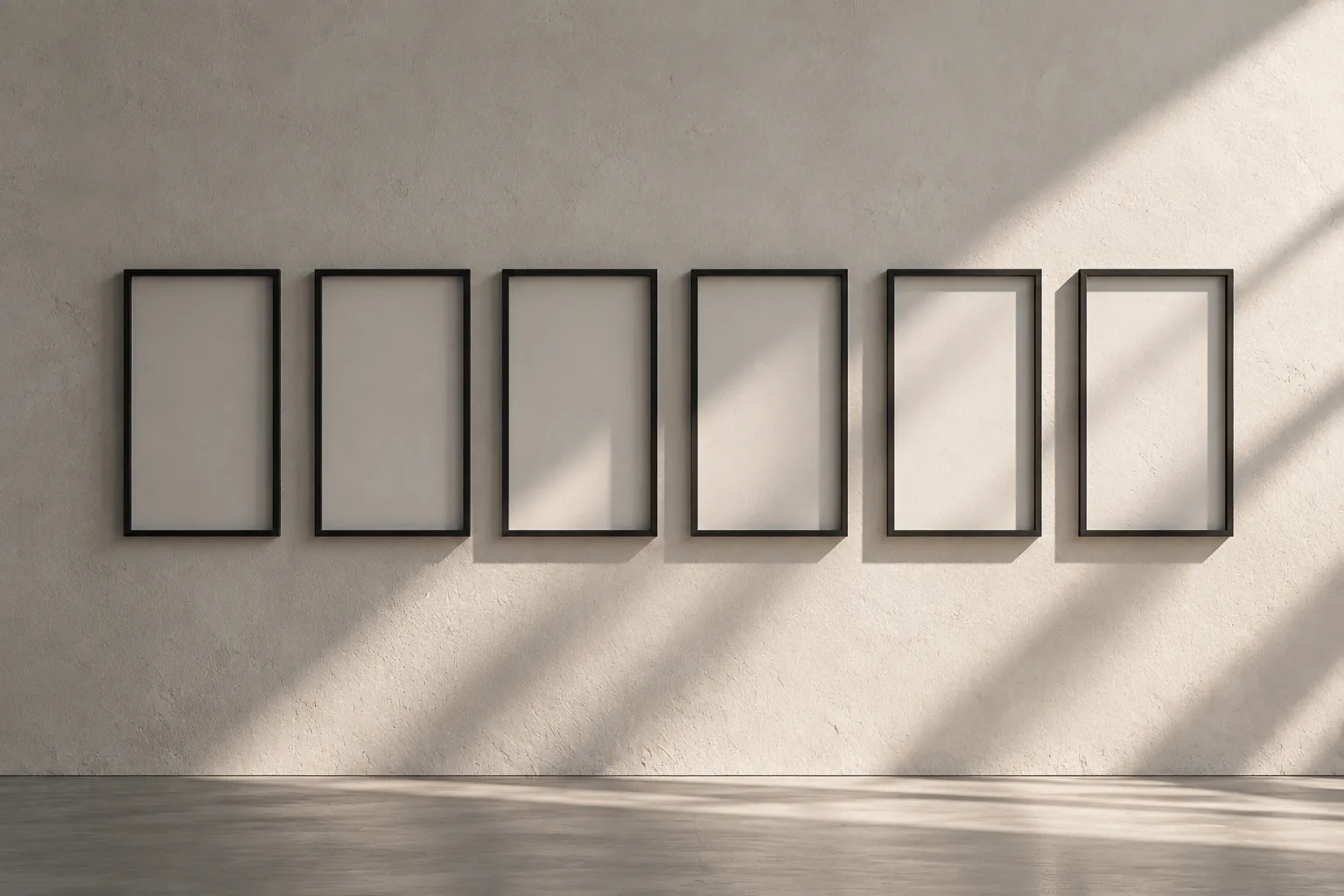 Series of empty black frames crossed by diagonal sunlight.