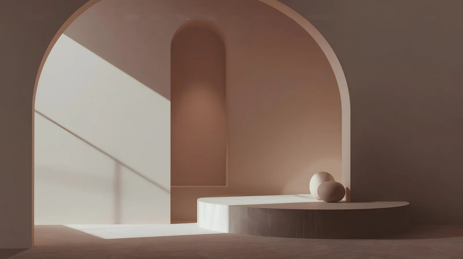 Sculptural arched interior crossed by warm diagonal light.