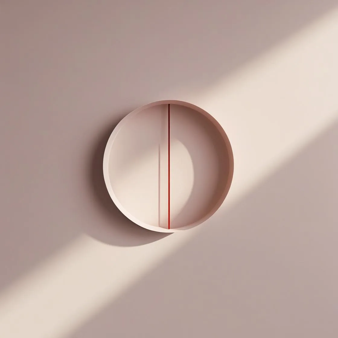Pale circular object divided by a fine red vertical line.