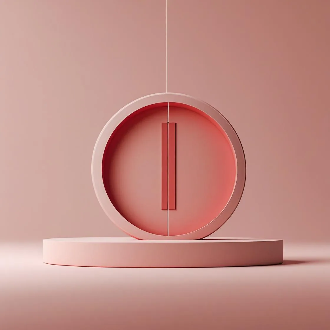 Circular sculptural object suspended above a plinth.