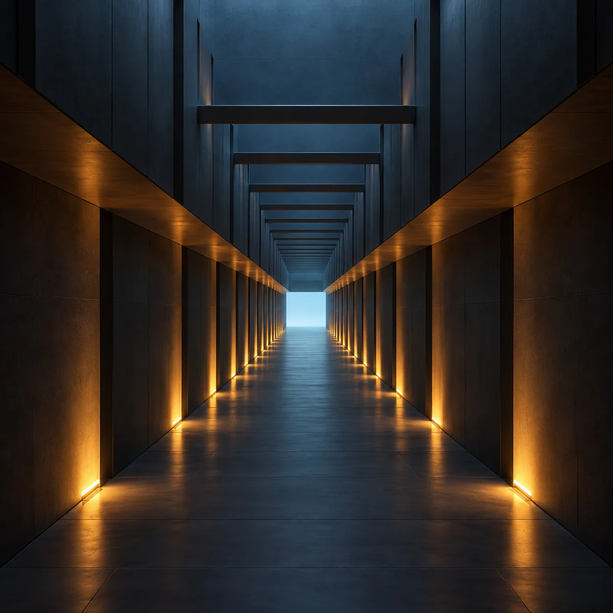 Long dark corridor articulated by amber floor lights.