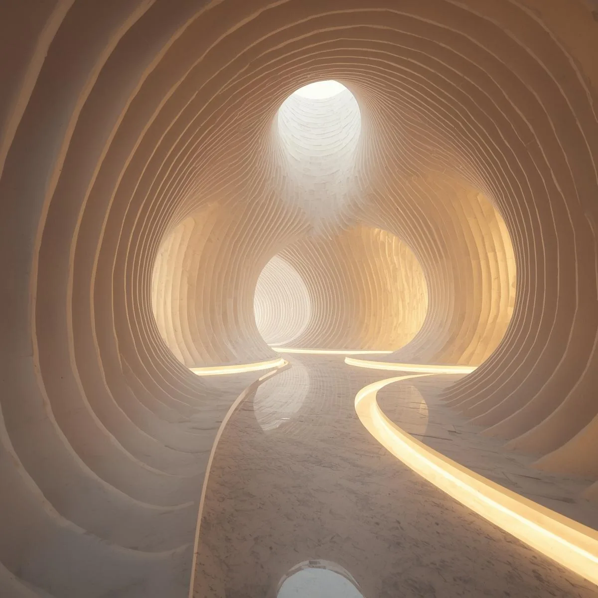 Ribbed sculptural vault illuminated by warm light.