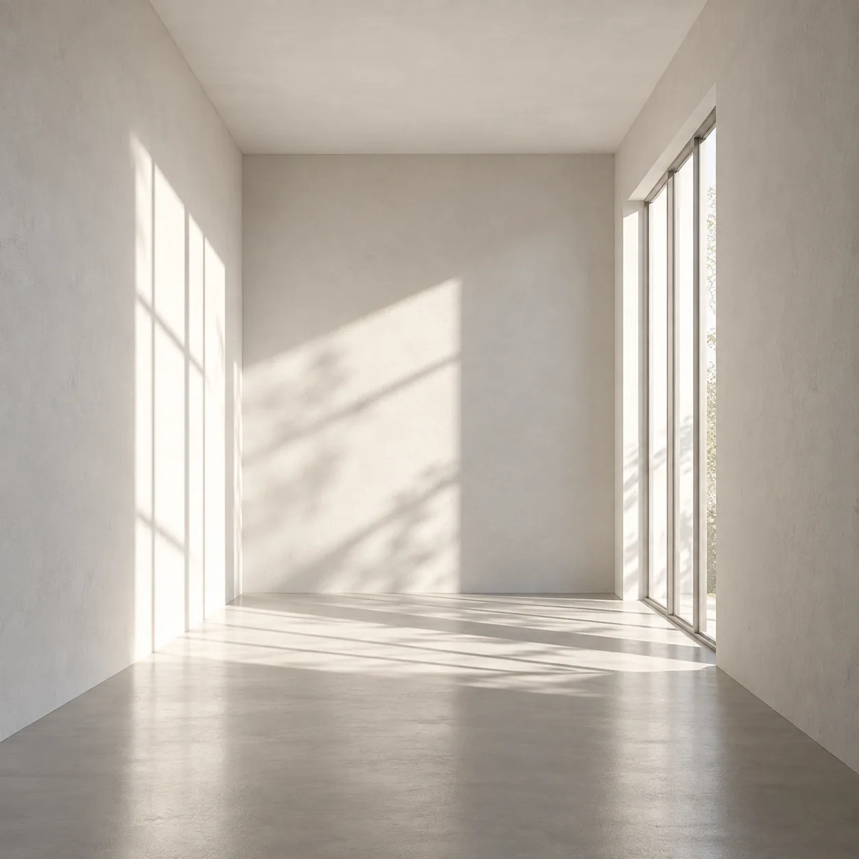 Minimal white room with natural window shadows.
