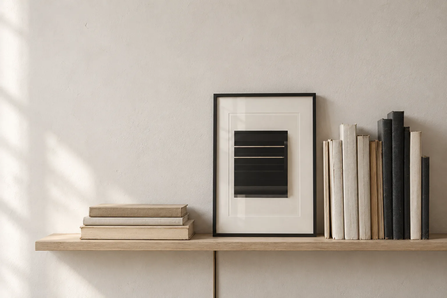 Quiet studio shelf with books and framed abstract work.