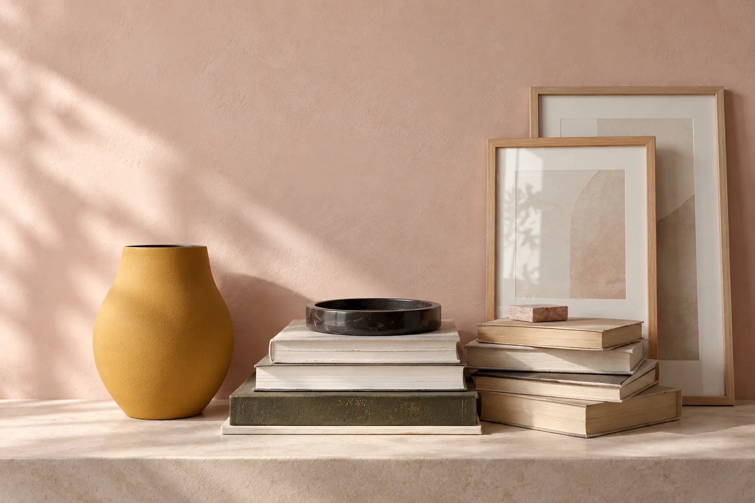 Warm still life with books, frames and a sculptural vessel.